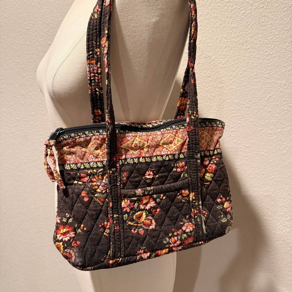 Vera Bradley Brown Floral Quilted Cotton Shoulder Bag Tote Zip Closure Boho